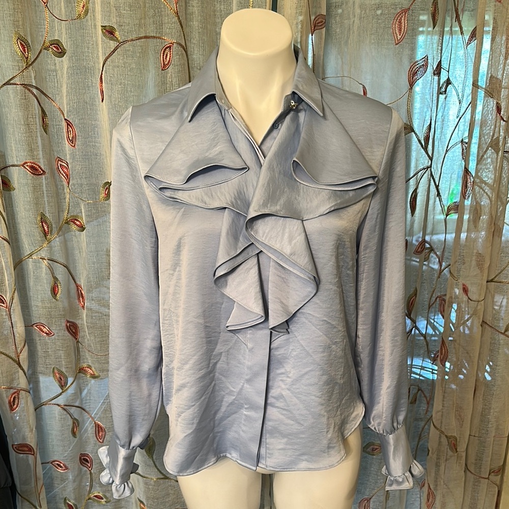 Zara Soft Blue Ruffle Front Blouse